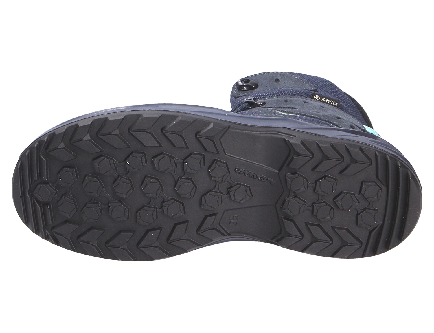 Unteransicht des Lowa LINO GTX HI JR Kinder-Wanderschuhs mit griffiger Profilsohle und GORE-TEX-Ausstattung