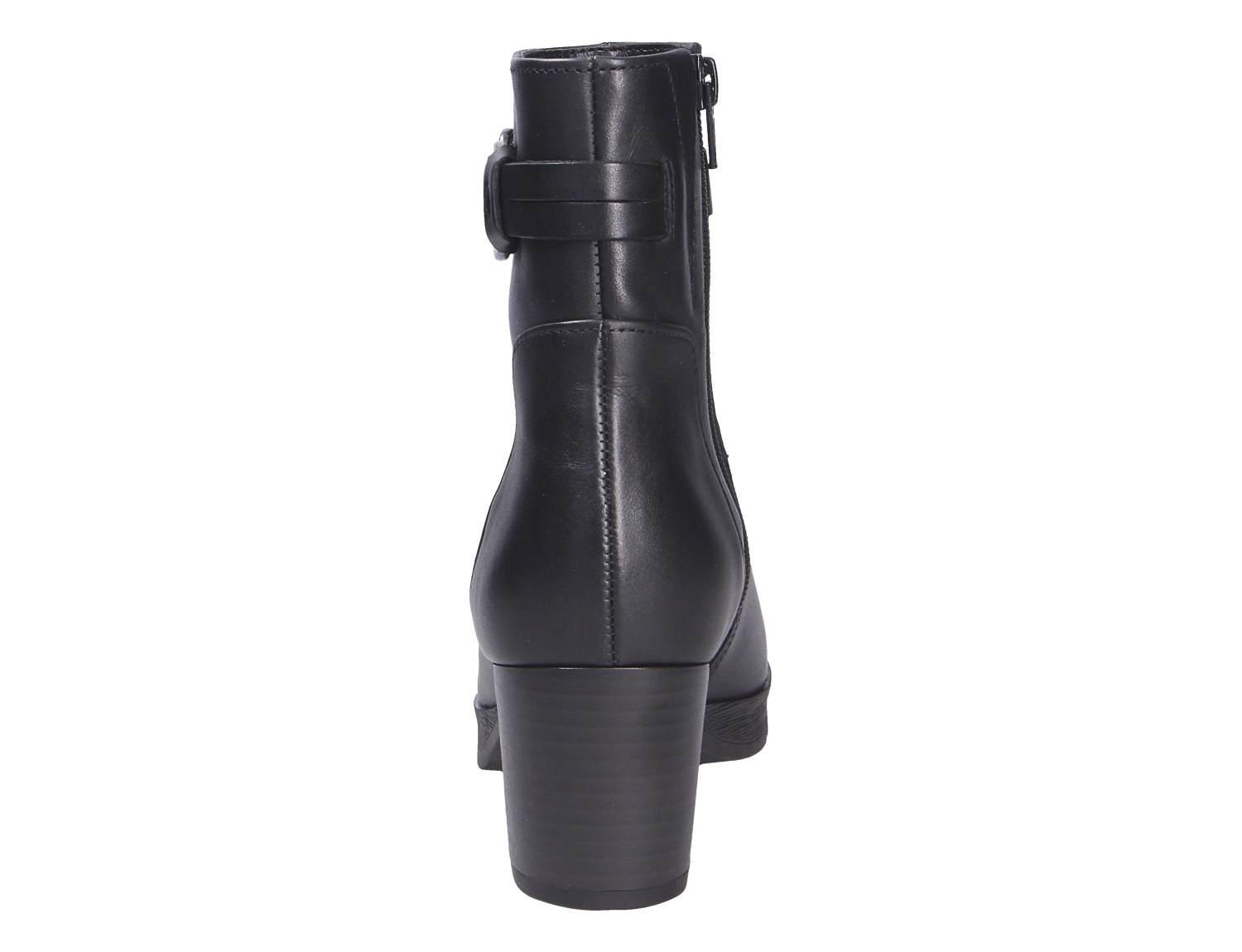 Rückansicht der schwarzen Gabor Damen Stiefel mit Blockabsatz, Zierlasche und seitlichem Reißverschluss