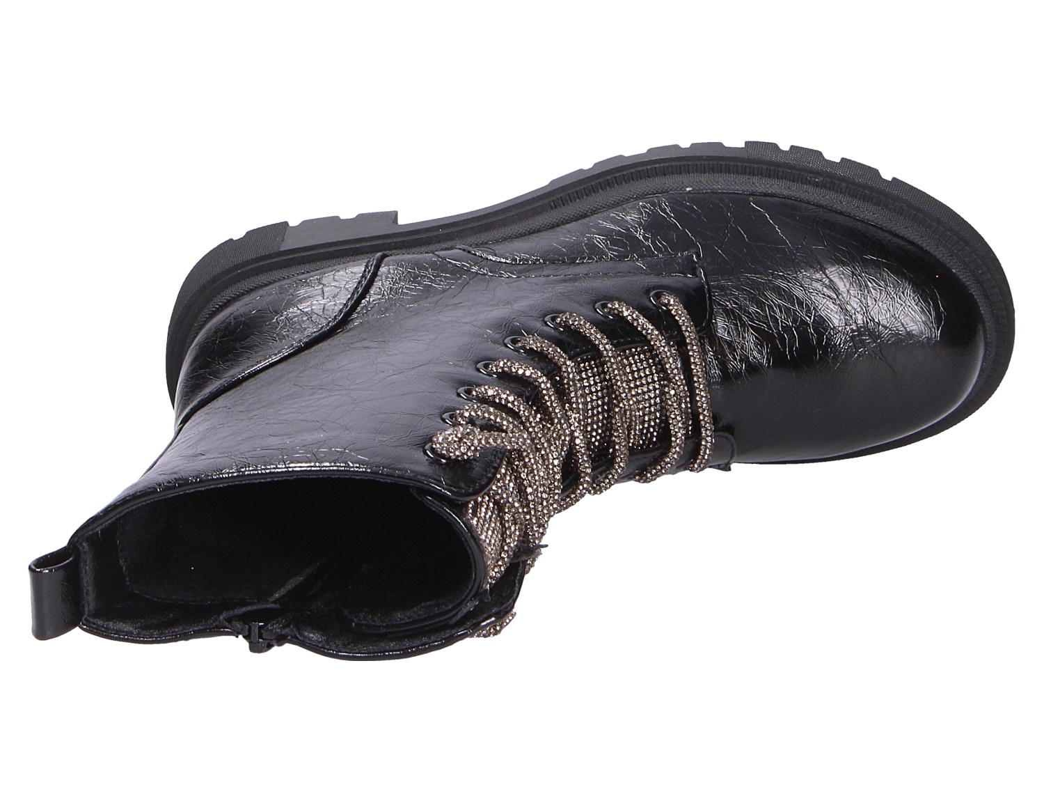 La Strada Damen Stiefel, schwarzer Schnürstiefel mit glänzender Crinkle-Optik, Glitzer-Schnürsenkeln und robuster Profilsohle