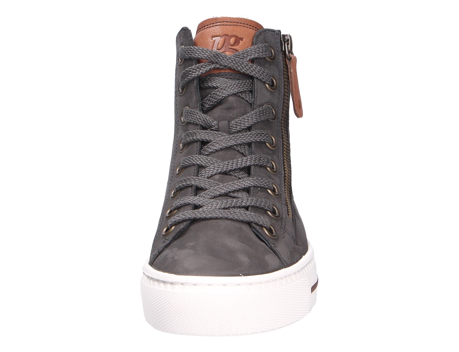 Frontansicht des Paul Green Damen Sneakers aus weichem grauem Nubukleder mit Schnürung, seitlichem Reißverschluss und weißer flacher PU-Sohle