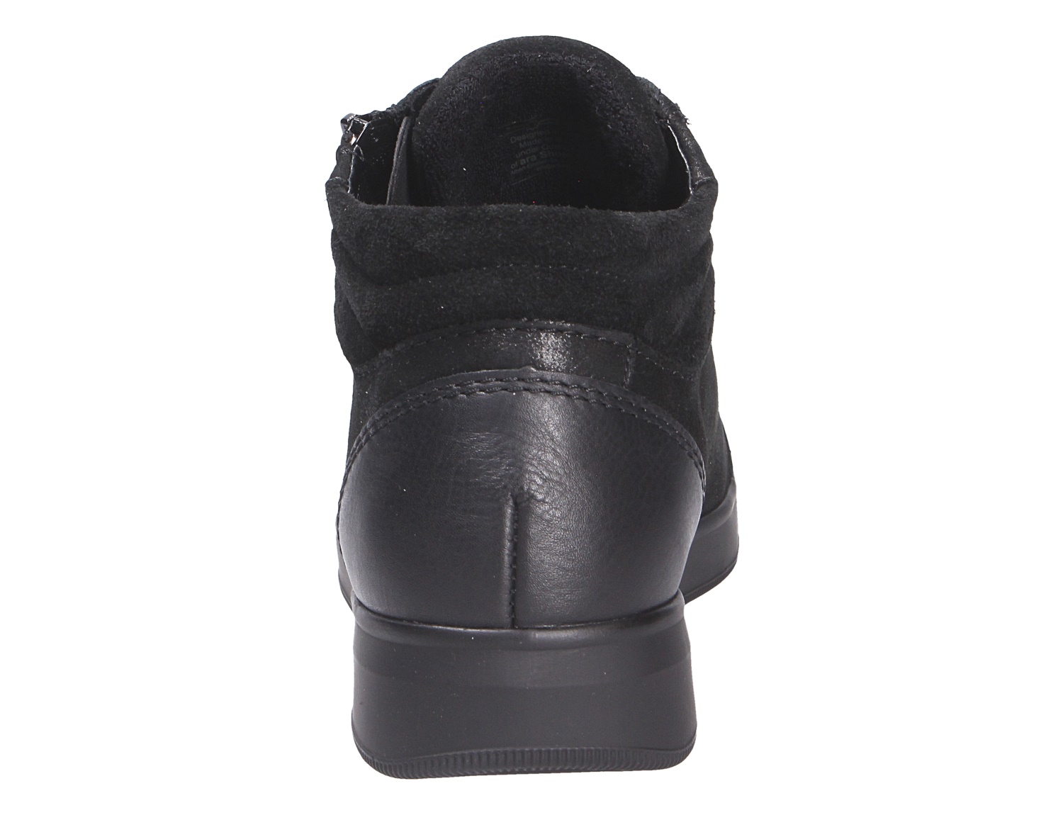 Rückansicht des schwarzen Ara ROM Damen-Sneakers mit hohem Schaft und seitlichem Reißverschluss