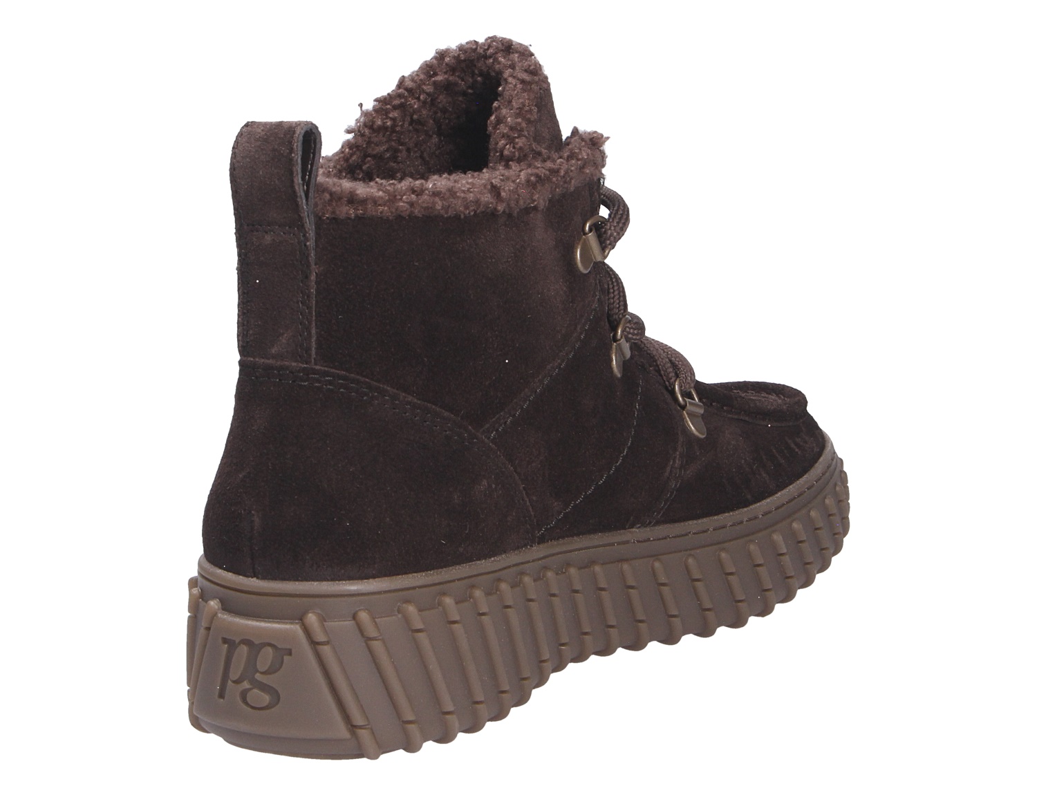 Paul Green Damen Stiefel in Dunkelbraun aus Veloursleder, gefüttert mit weichem Teddyfutter, seitlich hinten im Anschnitt mit Schnürung und markanter Profilsohle