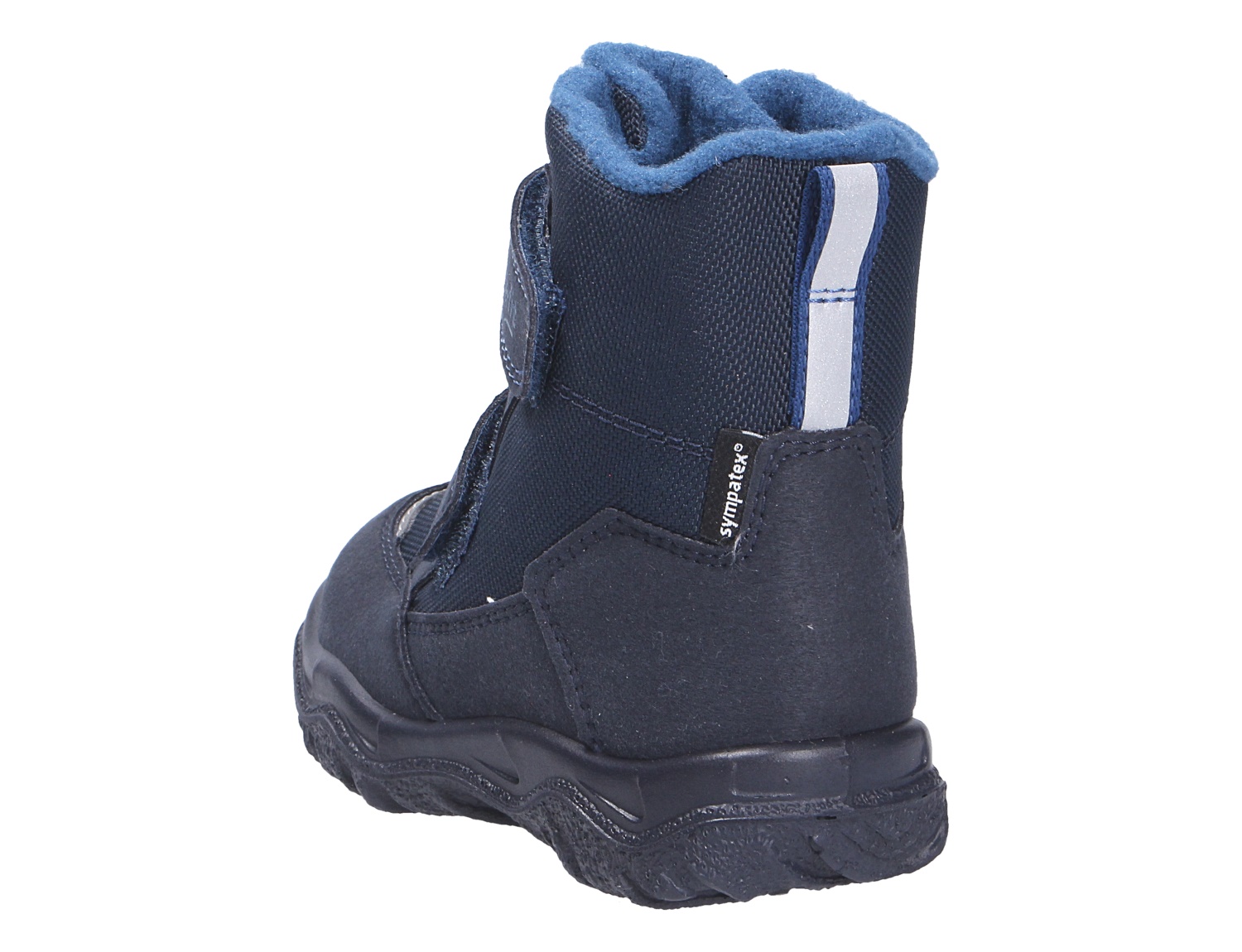 Superfit HUSKY1 Kinder-Winterstiefel in Blau, Rückansicht eines gefütterten Boots mit Klettverschluss, Sympatex und reflektierendem Einsatz