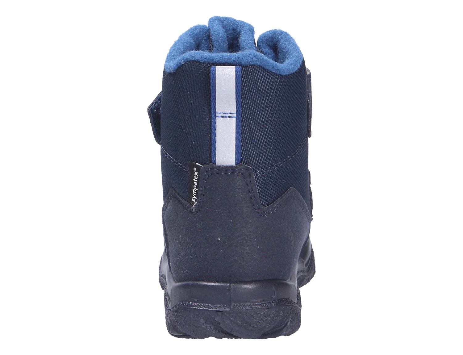 Rückansicht des Superfit HUSKY1 Winterstiefels in Dunkelblau mit gepolstertem Schaft, reflektierendem Detail und robuster Sohle