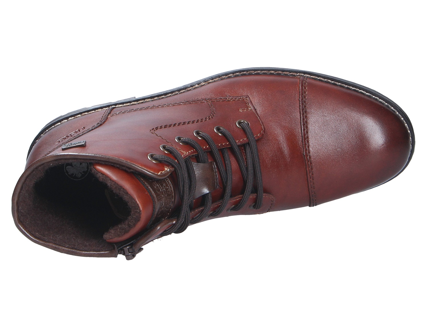 Rieker Herren Stiefel aus braunem Leder, Draufsicht mit Schnürung, Reißverschluss und warmem Innenfutter