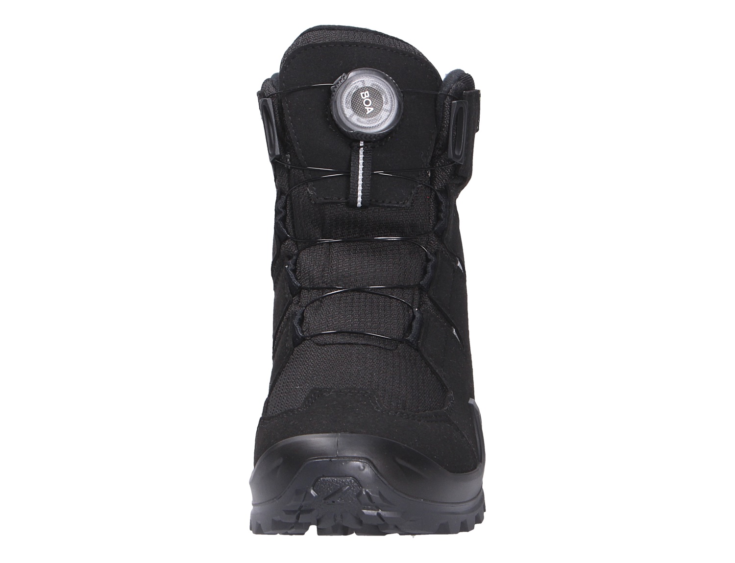 Frontalansicht des Lowa MILO EVO GTX HI BOA JR Kinder-Winterstiefels in Schwarz mit BOA-Verschlusssystem und griffiger Sohle