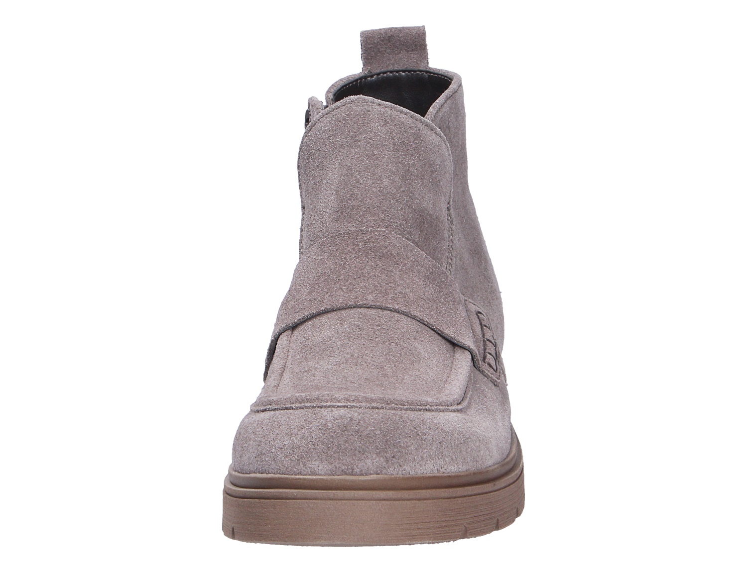 Frontansicht der Gabor Damen Stiefel in Taupe aus Veloursleder mit markanter Plateausohle und modernem Schaftdesign