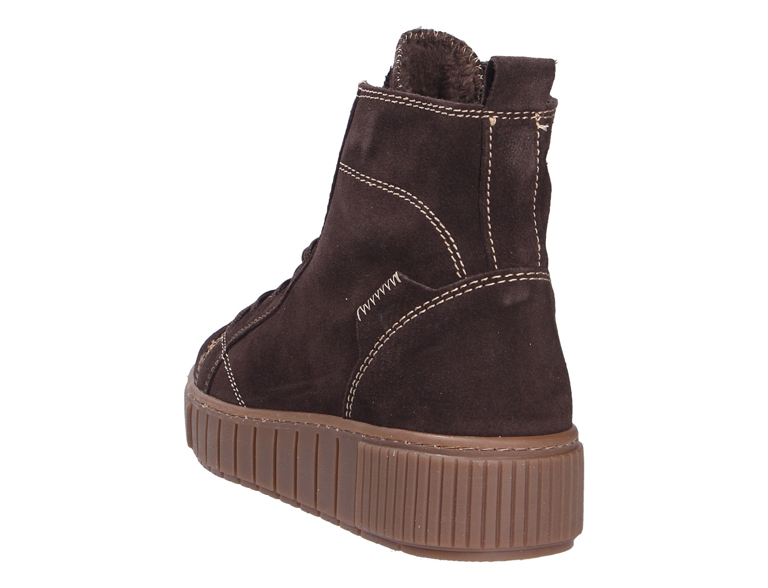 Tamaris Damen Stiefel in Dunkelbraun aus Veloursleder, Rückansicht mit Ziernähten und profilierter Plateausohle