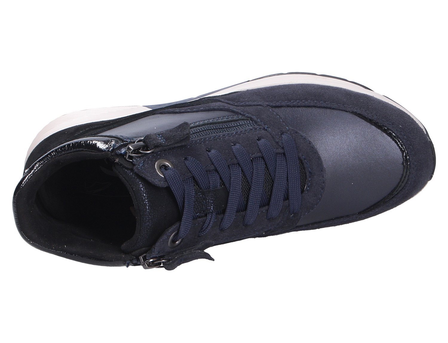 Gabor Damen Schnürschuhe in Dunkelblau aus Leder und Veloursleder mit Schnürung, seitlichem Reißverschluss und weißer Laufsohle in der Draufsicht