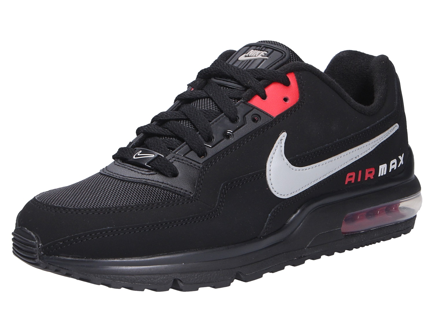 Nike Air Max LTD 3 Sneaker, Seitenansicht in Schwarz mit silbernem Swoosh, rotem Fersendetail und sichtbarer Air-Max-Dämpfung