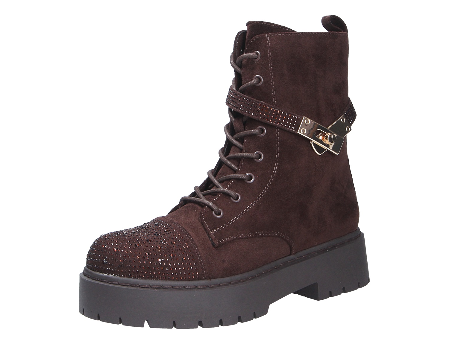 La Strada Damen Stiefel in Dunkelbraun aus Veloursoptik mit Schnürung, Ziersteinen, Deko-Riemen und robuster Profilsohle