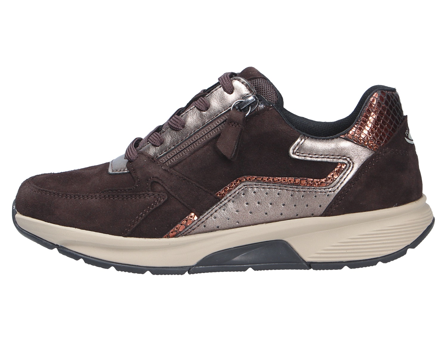 Seitenansicht des Gabor Rolling Soft Sneakers in Dunkelbraun aus Veloursleder mit Metallic-Details, Schnürung und seitlichem Reißverschluss