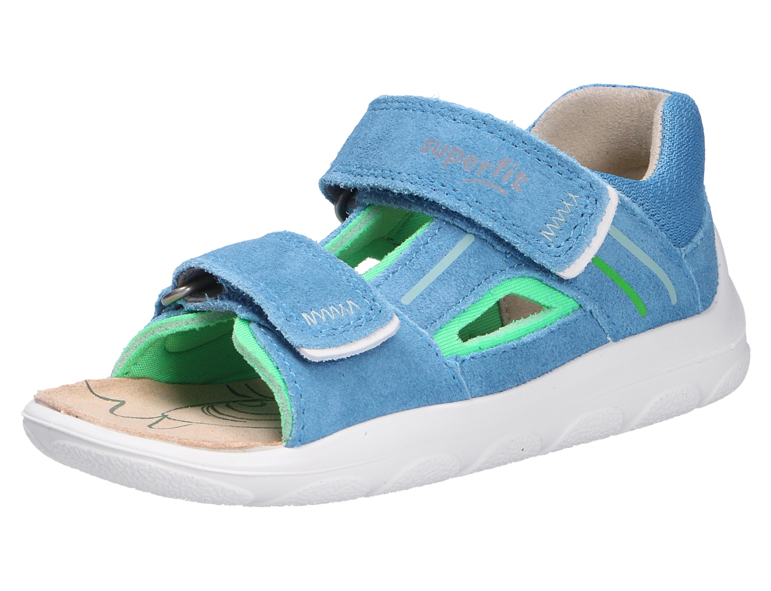 Superfit NINO Kinder-Sandale in Blau aus Veloursleder mit zwei Klettverschlüssen, geschlossener Ferse und weißer Sohle