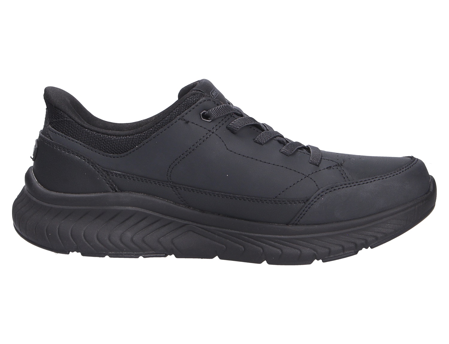 Skechers Arch Fit schwarzer Sneaker mit Schnürung und dicker Profilsohle in Seitenansicht