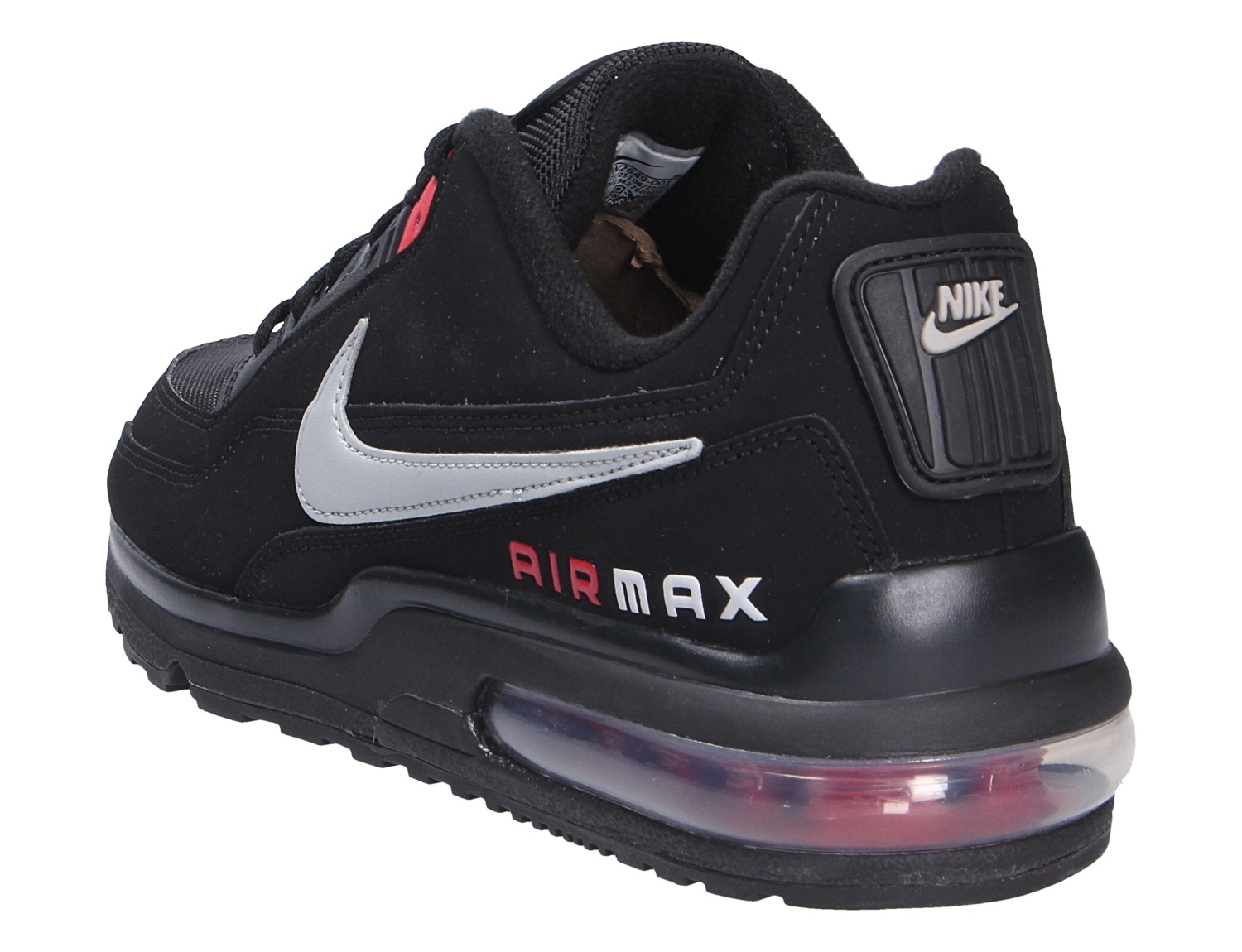 Nike Air Max LTD 3 Sneaker, schwarze Seiten- und Rückansicht mit silbernem Swoosh, Air-Max-Logo und sichtbarer Air-Dämpfung in der Sohle