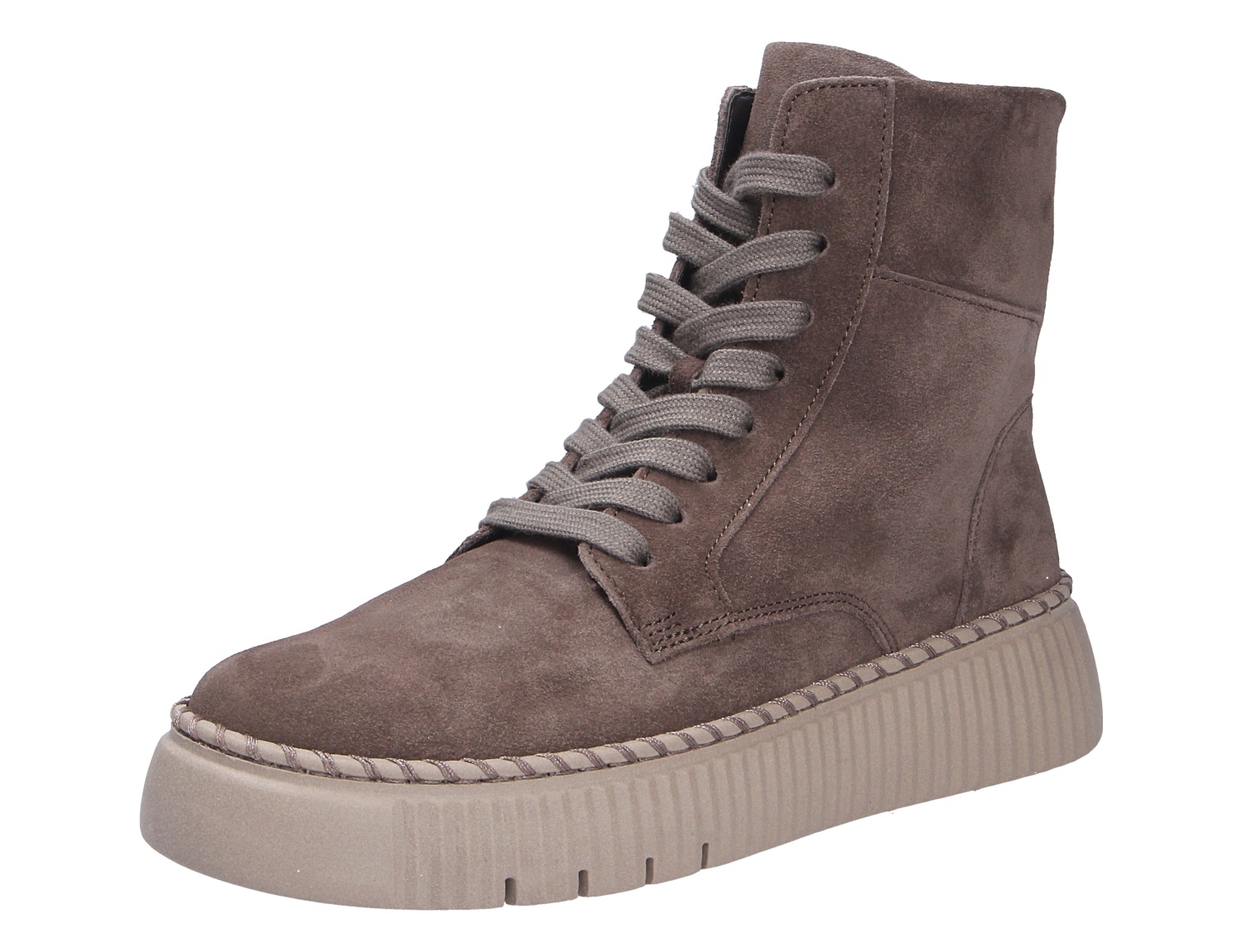 Gabor Damen Stiefel in Taupe aus Veloursleder, knöchelhoch mit Schnürung und profilierter Plateausohle