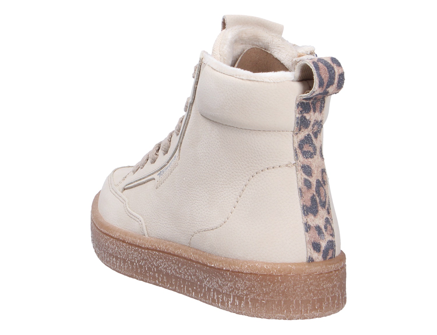 Tamaris Damen Sneaker in Creme, hoher Freizeitschuh mit Schnürung, warmer Innenfütterung, brauner Sohle und Leopardenmuster an der Ferse in Rück- und Seitenansicht