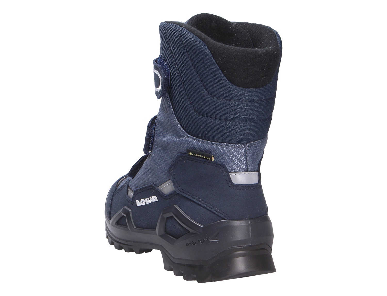 Rückansicht des Lowa MILO EVO GTX HI JR Kinder-Winterstiefels in Dunkelblau mit hohem Schaft, Klettverschluss und GORE-TEX-Ausstattung