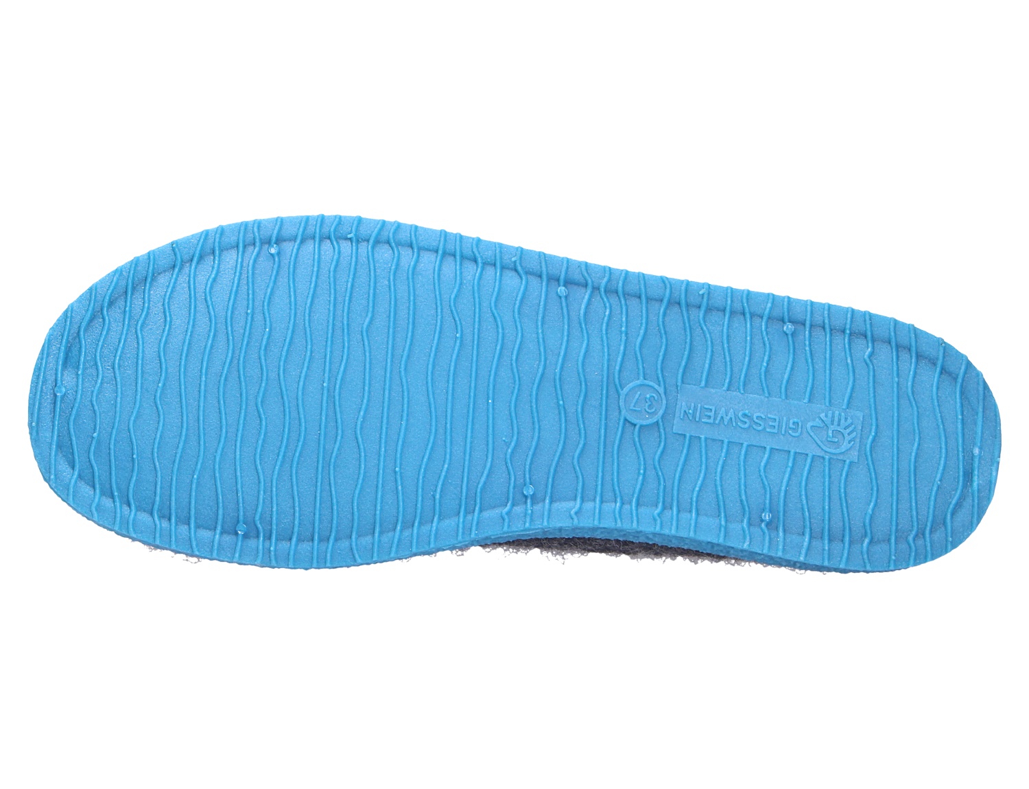 Unteransicht der blauen, profilierten Schuhsohle des Giesswein WOOLPOPS mit rutschhemmender Struktur