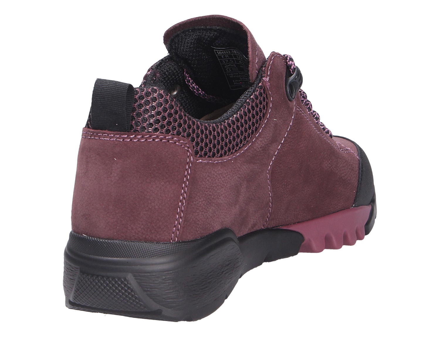 Rückansicht des Waldläufer H-Amiata Sneakers in Bordeaux mit schwarzer Profilsohle, Nubukleder und atmungsaktivem Mesh-Einsatz