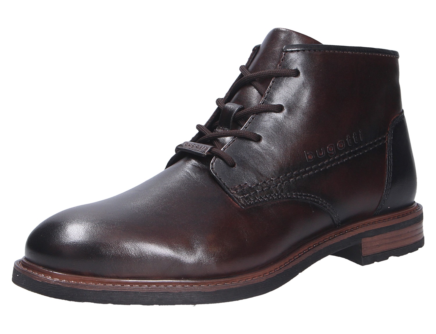 bugatti Herren Stiefel aus dunkelbraunem Glattleder, knöchelhoch mit Schnürung und Profilsohle