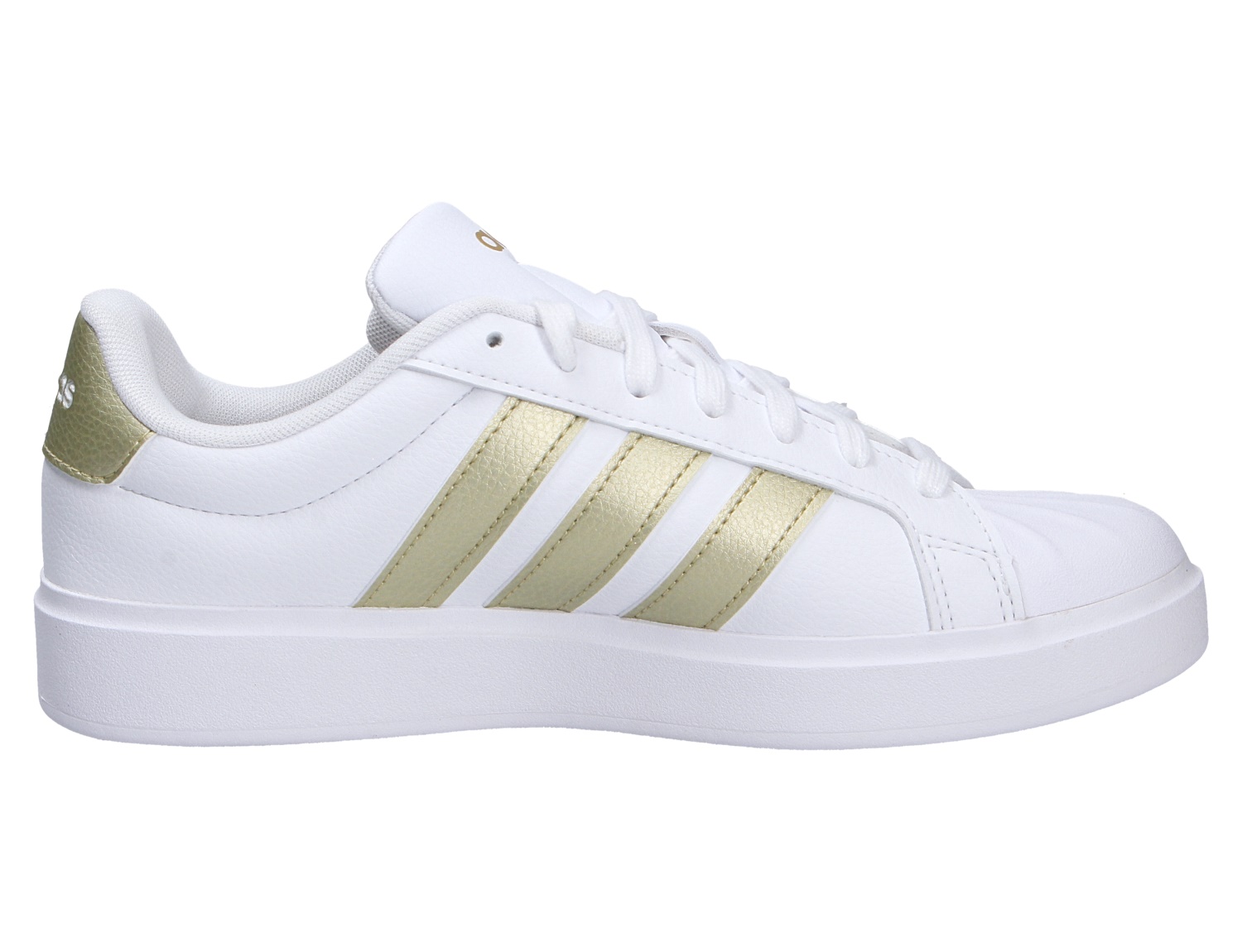Adidas STREETTALK Sneaker in Weiß mit goldenen 3-Streifen und weißer Sohle, Seitenansicht des Freizeitschuhs