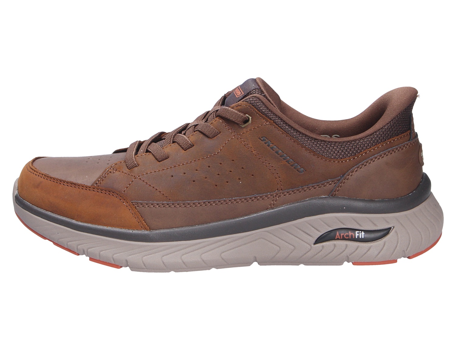 Brauner Skechers Arch Fit Sneaker aus Leder mit Schnürung und dämpfender Sohle in Seitenansicht
