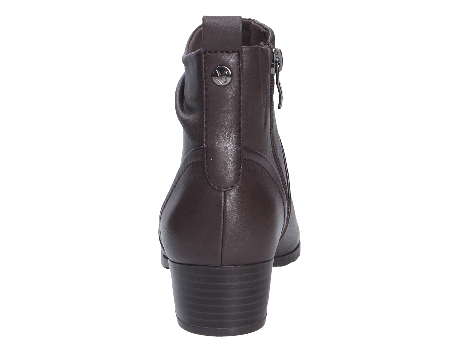 Rückansicht der braunen Caprice Damen Stiefel mit seitlichem Reißverschluss, Zuglasche und stabilem Blockabsatz