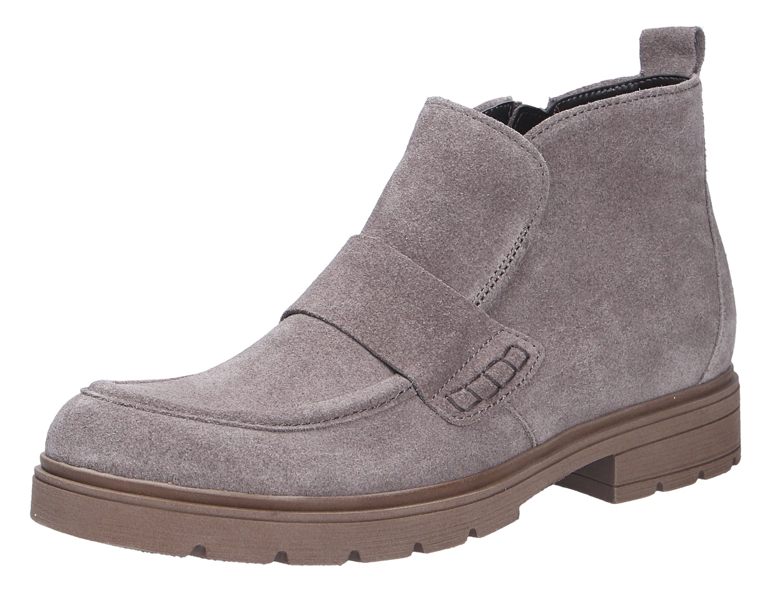 Gabor Damen Stiefel in Grau aus Veloursleder, knöchelhoch mit seitlichem Reißverschluss, Blockabsatz und robuster Profilsohle
