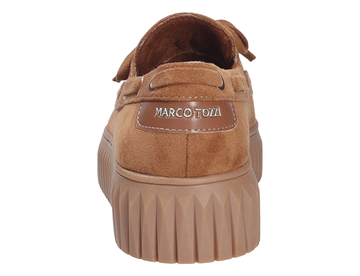 Rückansicht der braunen Marco Tozzi Damen Schnürschuhe mit Veloursleder-Optik, Logo-Detail an der Ferse und profilierter Plateausohle