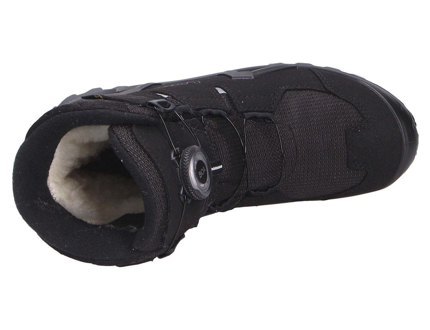 Lowa MILO EVO GTX HI BOA JR Kinder-Winterstiefel in Schwarz, Draufsicht mit BOA-Drehverschluss und warmem Innenfutter