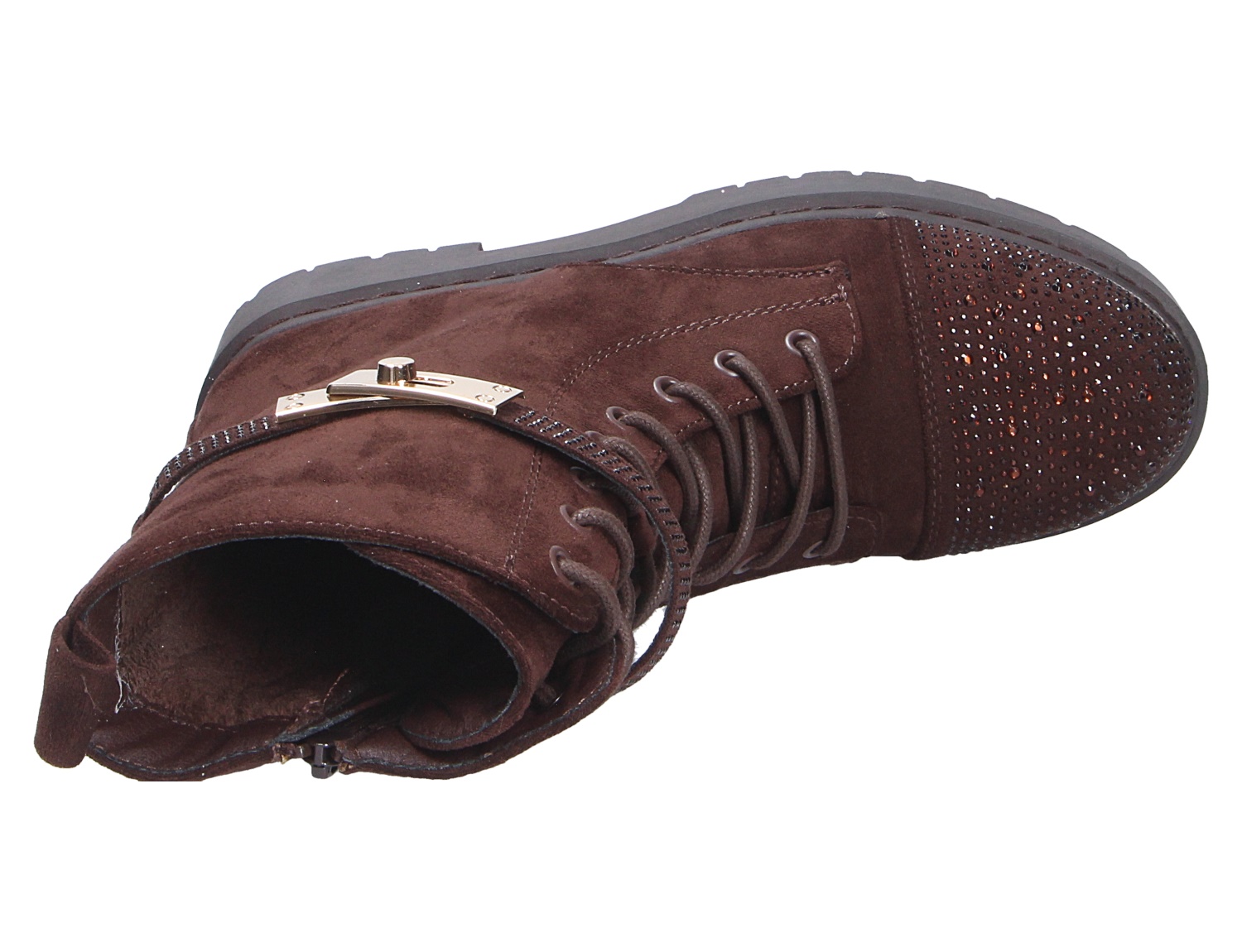 La Strada Damen Stiefel, brauner Schnürstiefel aus Veloursoptik mit Ziersteinen an der Kappe, Metallschließe und profilierter Sohle