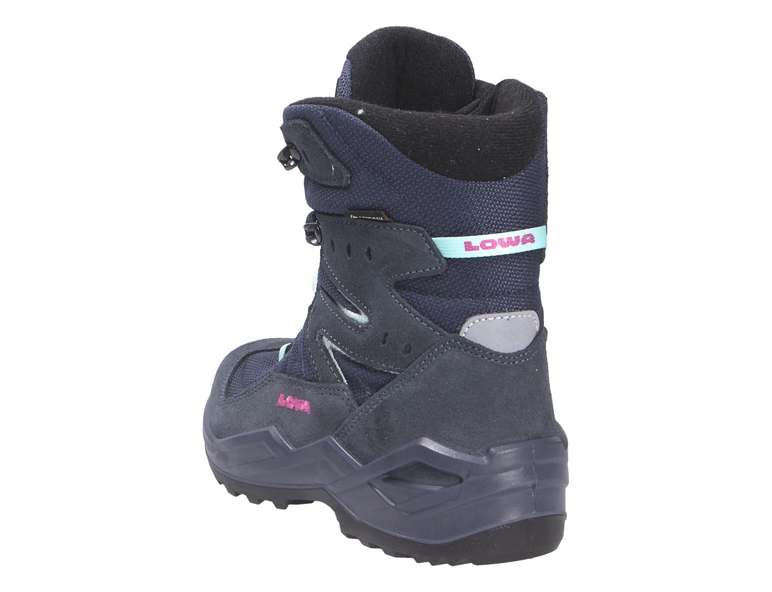 Rückansicht des Lowa LINO GTX HI JR Kinder-Winterstiefels in Dunkelblau mit hohem Schaft und griffiger Sohle