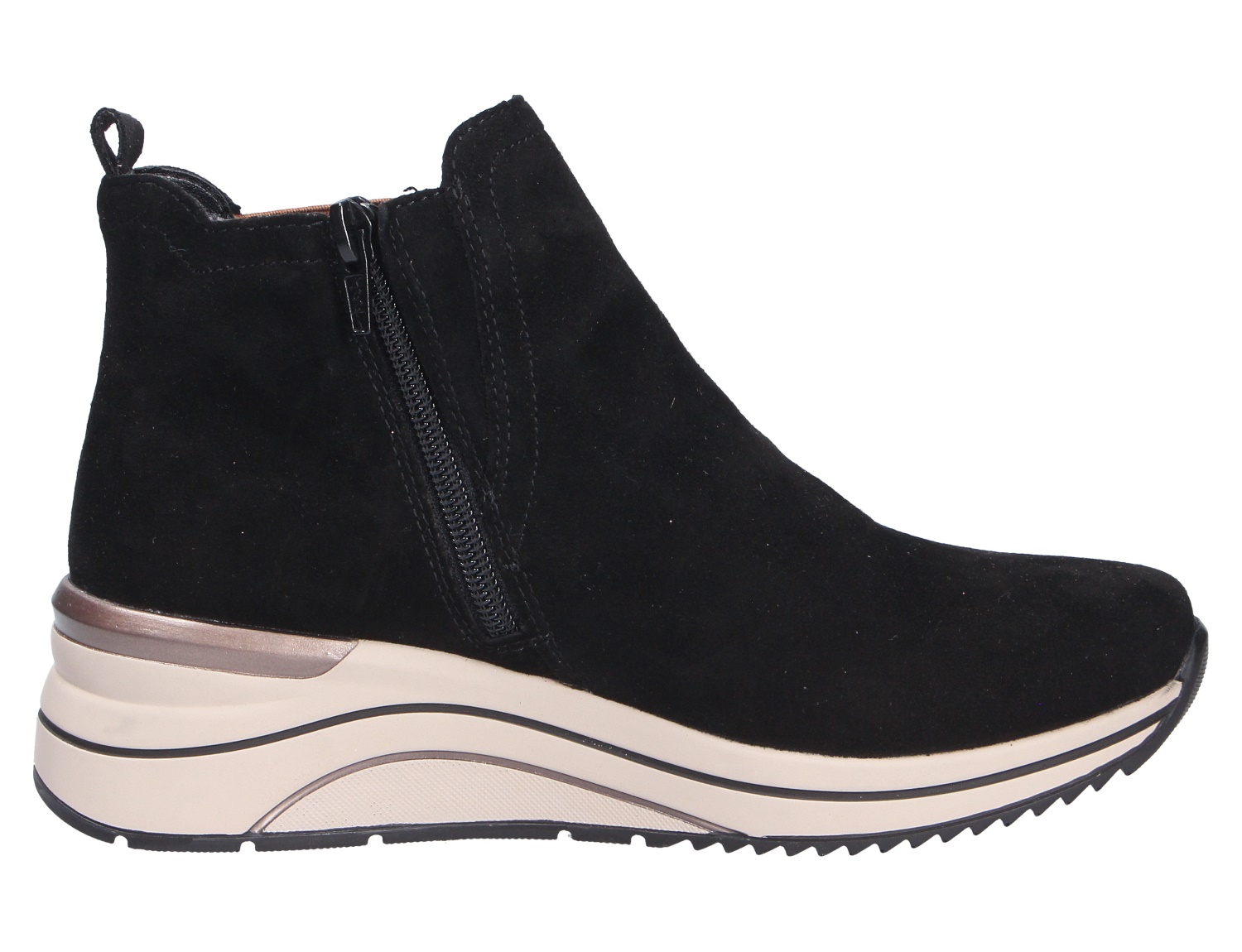 Remonte Damen Stiefel aus schwarzem Veloursleder mit seitlichem Reißverschluss und heller Keilsohle, Seitenansicht