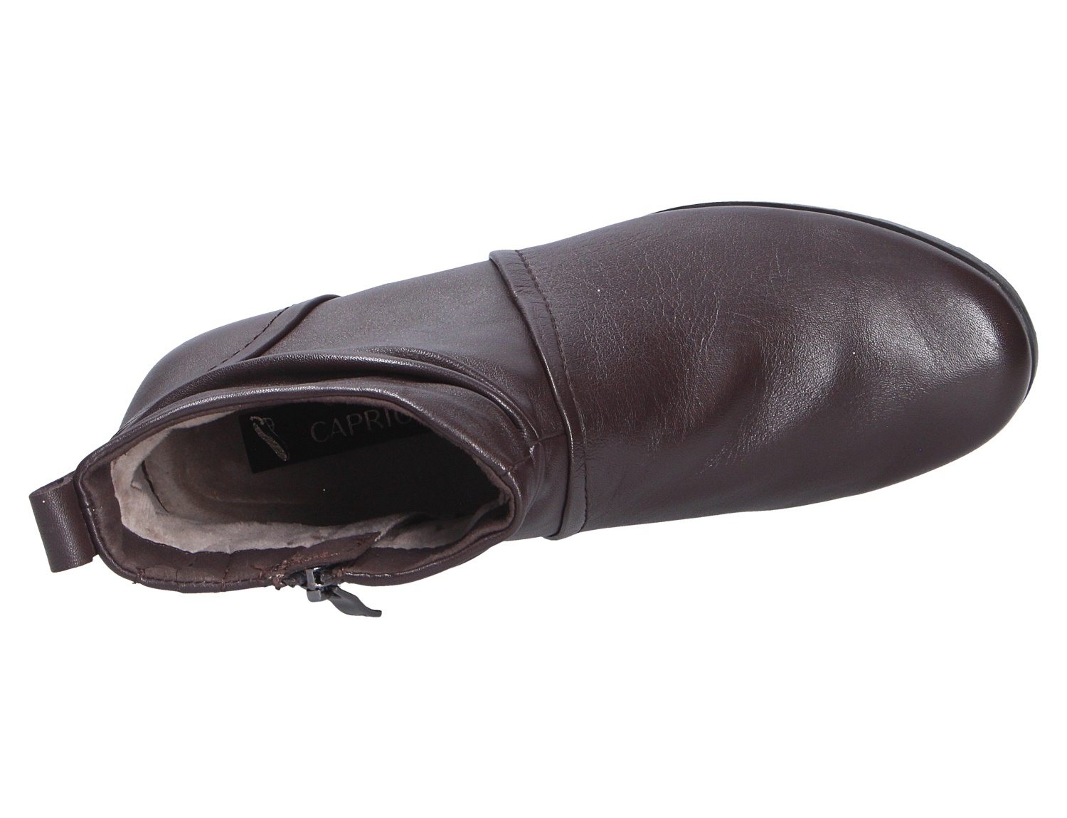Caprice Damen Stiefel in Braun aus glattem Leder, Draufsicht mit Reißverschluss und warmem Innenfutter