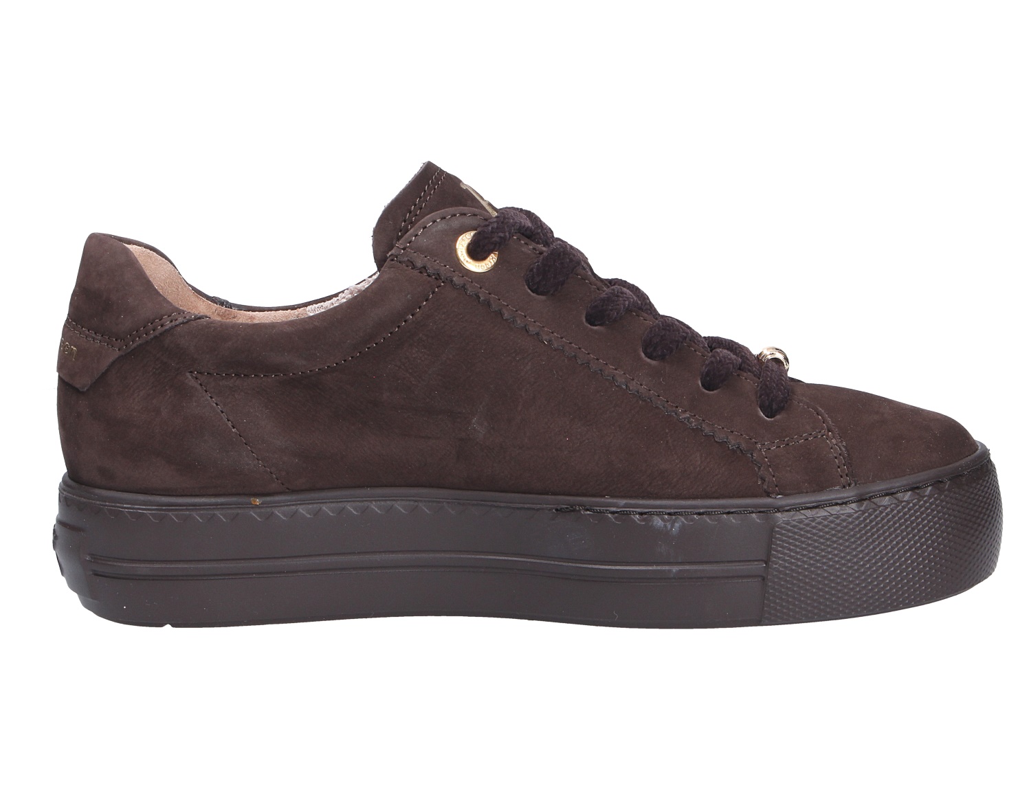 Paul Green Damen Sneaker aus dunkelbraunem Nubukleder, seitliche Ansicht, mit Schnürung und Plateausohle