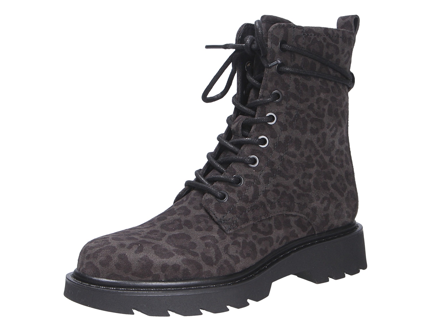 Tamaris Damen Stiefel aus dunkelgrauem Velours mit Leopardenmuster, Schnürung und markanter Profilsohle