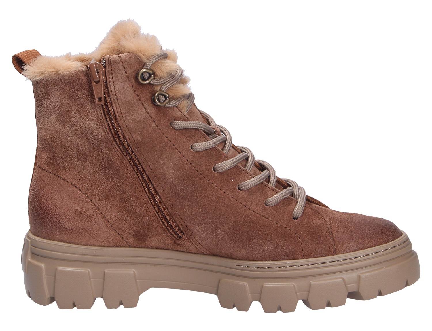Paul Green Damen Stiefel aus braunem Veloursleder mit Schnürung, seitlichem Reißverschluss, kuscheligem Futterrand und markanter Profilsohle