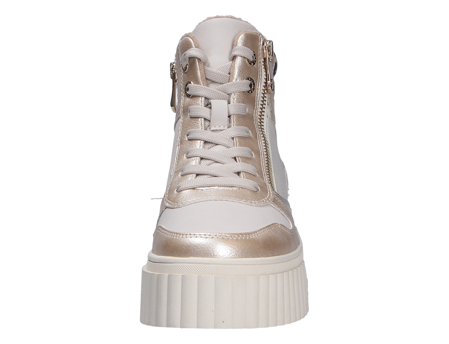 Frontansicht des Marco Tozzi Damen Sneakers in Weiß und Champagner mit Schnürung, seitlichem Reißverschluss und markanter Plateausohle