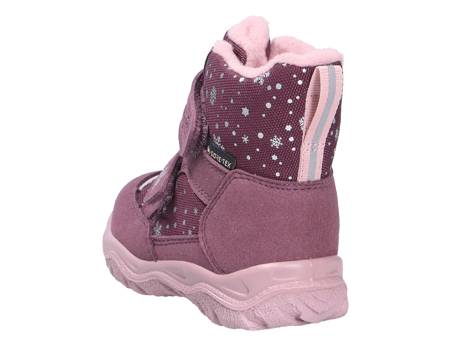 Superfit HUSKY1 Kinder-Winterstiefel in Lila, hinten seitlich mit Schneeflocken-Print, Gore-Tex, Klettverschluss und kuscheligem Futter