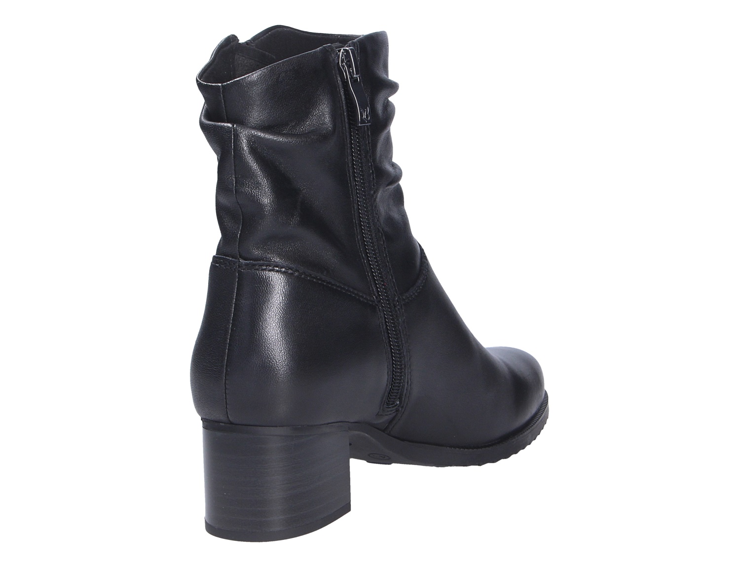 Caprice Damen Stiefel, schwarzer Kurzstiefel aus glattem Leder in seitlicher Rückansicht mit Reißverschluss, gerafftem Schaft und Blockabsatz