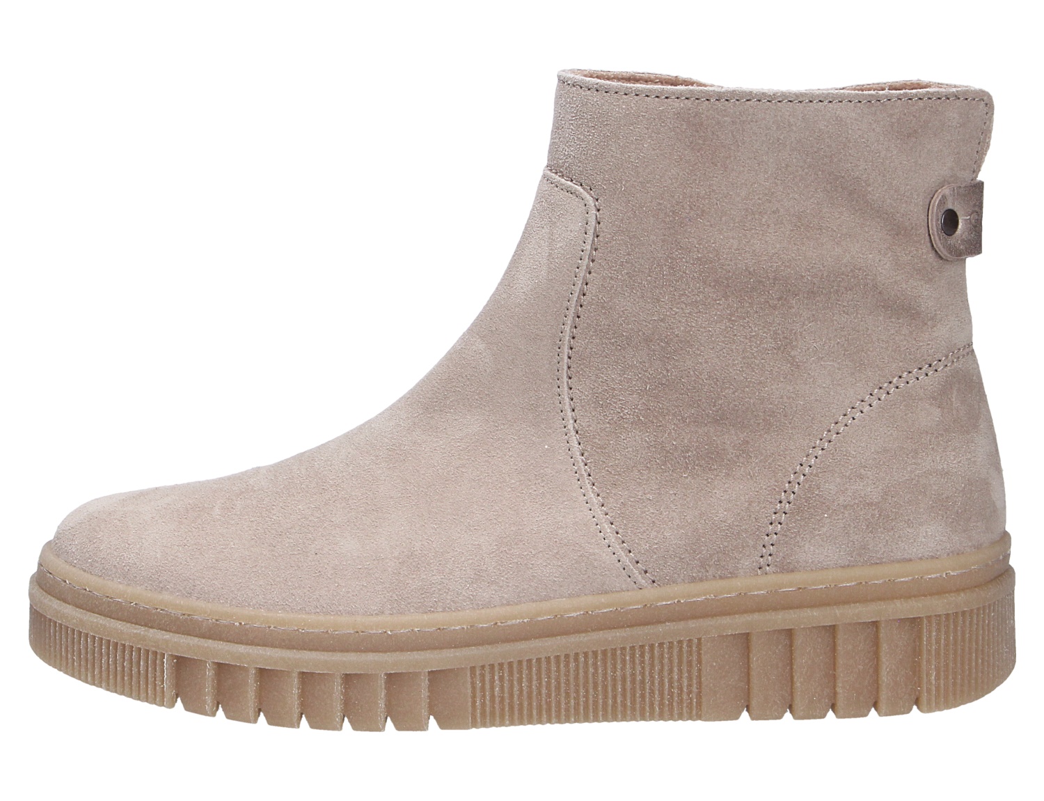 Seitliche Ansicht eines Gabor Damen Stiefels in Taupe aus Veloursleder mit kurzer Schafthöhe und robuster Profilsohle