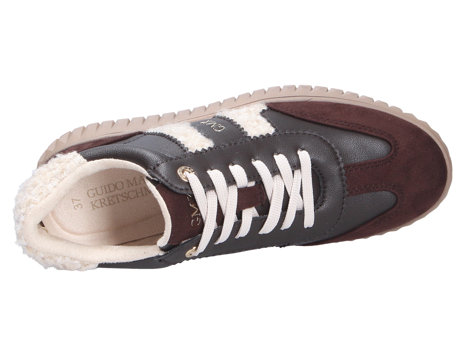 Marco Tozzi Damen Sneaker in Braun und Schwarz mit Schnürung, Profilsohle und weichem Warmfutter in der Draufsicht
