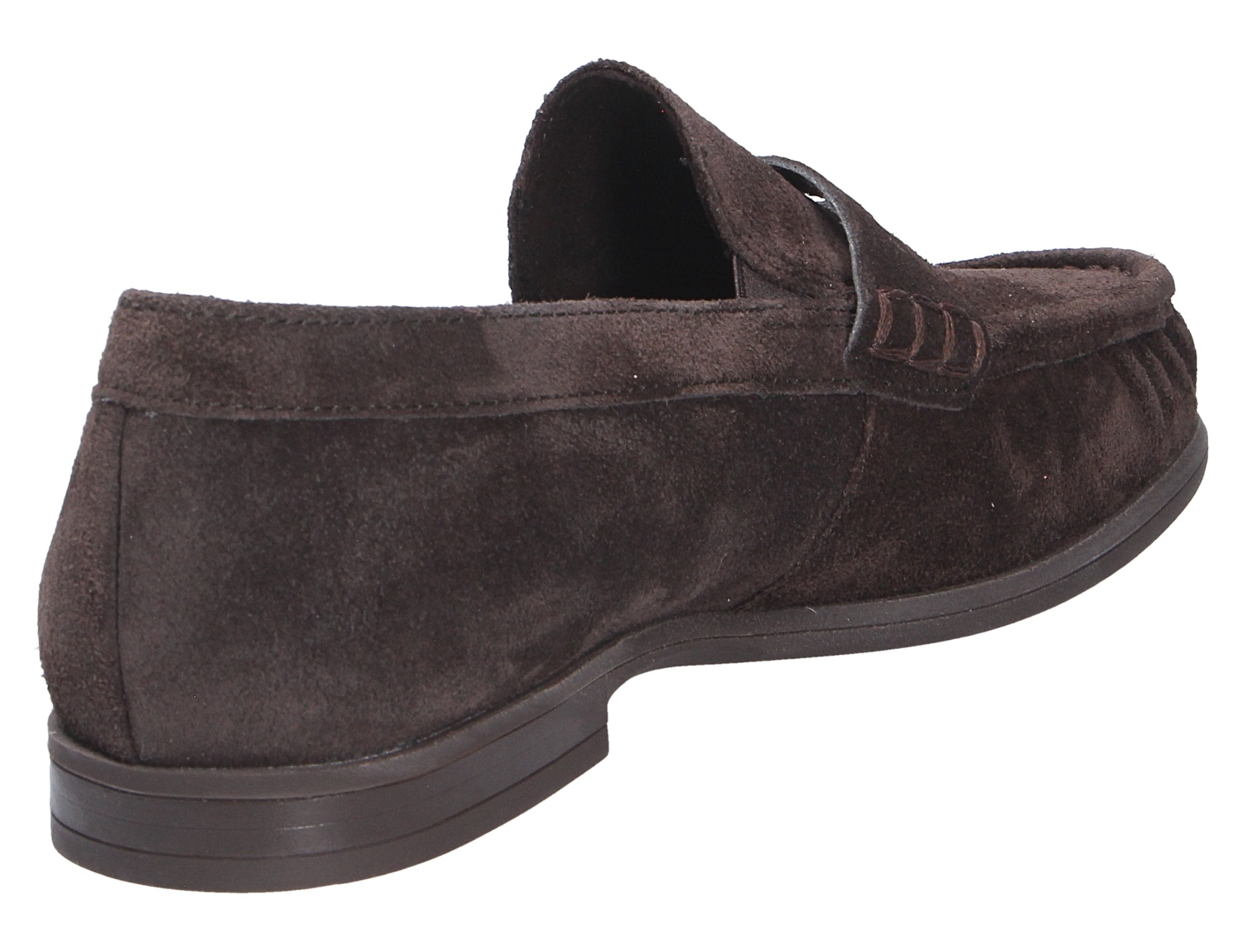 Paul Green Damen Slipper aus dunkelbraunem Veloursleder mit klassischer Mokassin-Naht und flacher Sohle in seitlicher Rückansicht