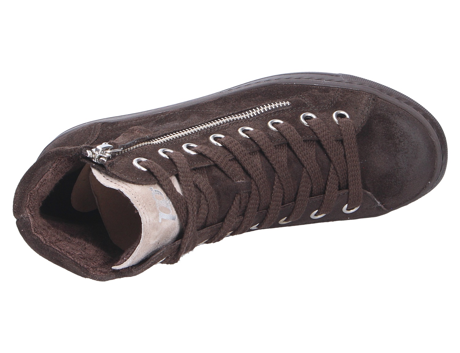 Paul Green Damen Sneaker in Dunkelbraun, High-Top aus Veloursleder mit seitlichem Reißverschluss, Schnürung und flacher Sohle in Draufsicht