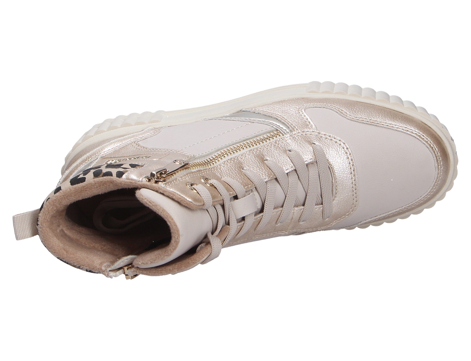 Marco Tozzi Damen Sneaker in Weiß und Gold, hoher Freizeitschuh mit seitlichem Reißverschluss, Schnürung und profilierter Sohle, Ansicht von oben