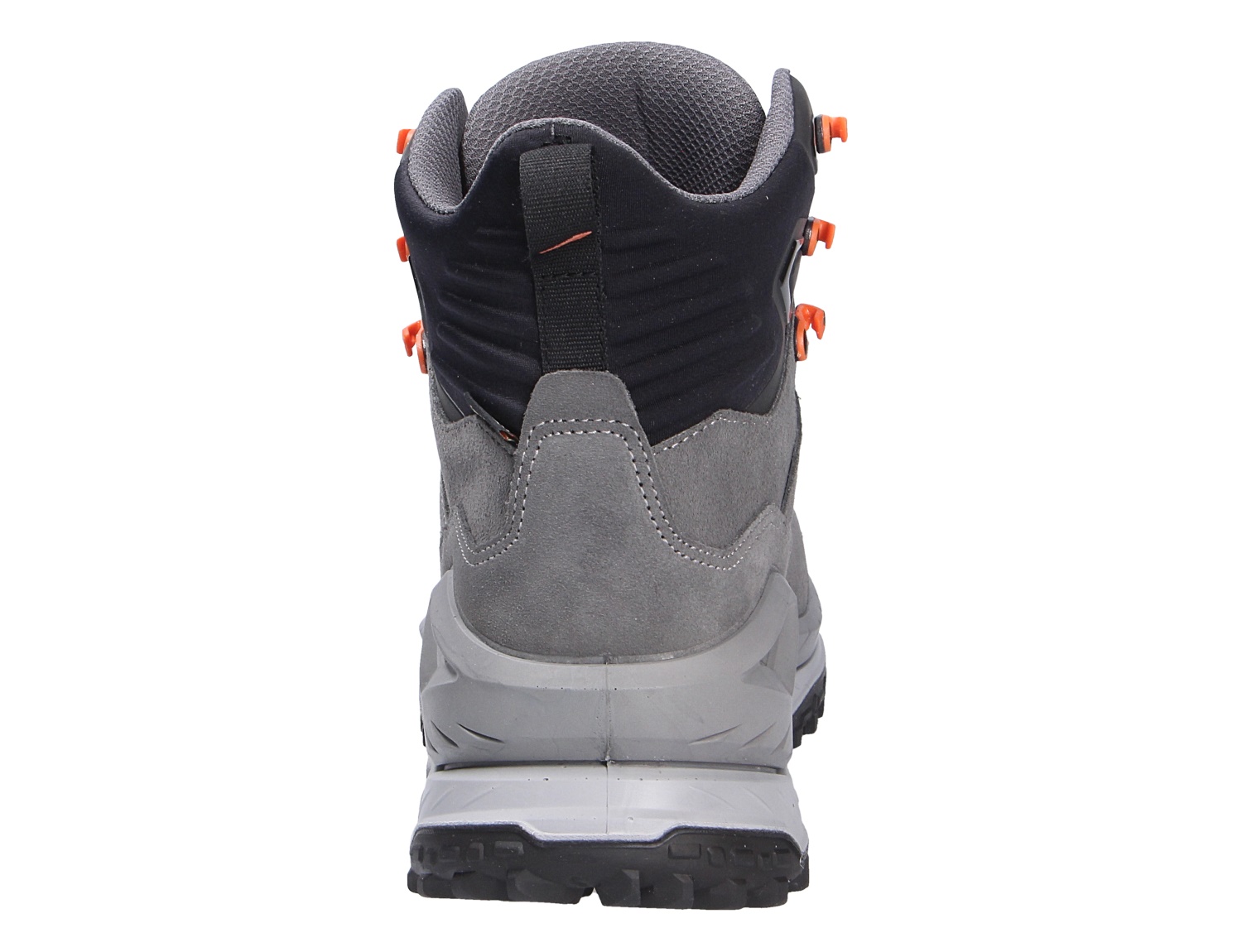 Rückansicht des Lowa INNOVO GTX MID Herren-Trekkingstiefels aus grauem Veloursleder mit hohem Schaft, stabilem Fersenbereich und GORE-TEX Wetterschutz für Trekking und Wanderungen