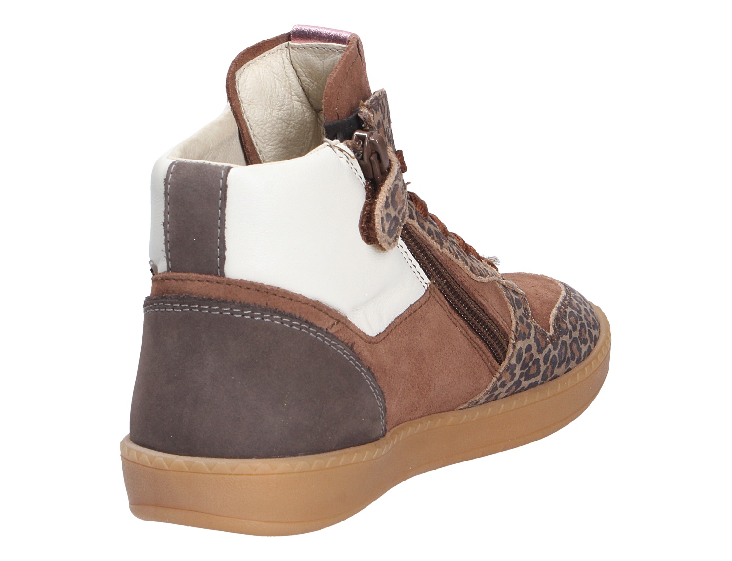 Ricosta Mädchen Sneakerboot in Braun und Creme, Rück- und Seitenansicht mit Leo-Muster, Reißverschluss, Klettverschluss und heller Gummisohle