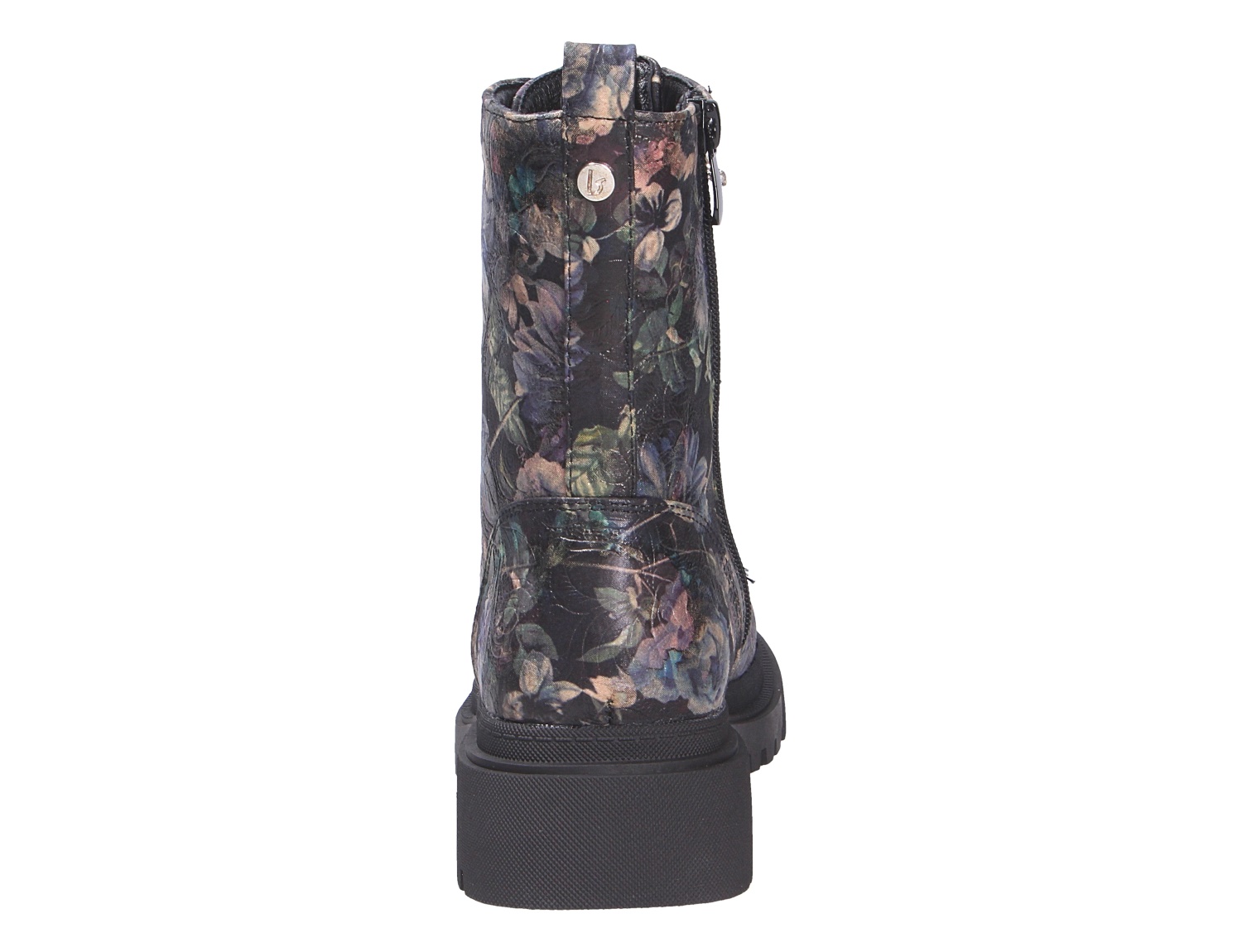Rückansicht der La Strada Damen Stiefel mit floralem Print, schwarzer Plateausohle und seitlichem Reißverschluss