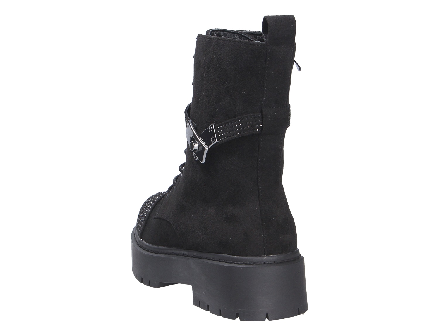 La Strada Damen Stiefel in Schwarz, Rückansicht eines knöchelhohen Boots mit dekorativer Schnalle, Glitzerdetails und markanter Profilsohle
